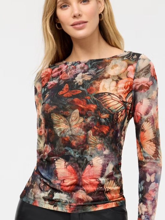 Johnny Was Tops - Johnny Was Long Sleeve Boat Neck Mesh Top in Teyros Scarf